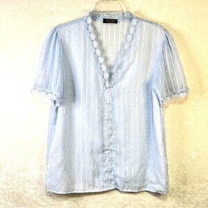 CAMISA Top Womens L Button Up Lace Light Blue Swiss Dot Feminine